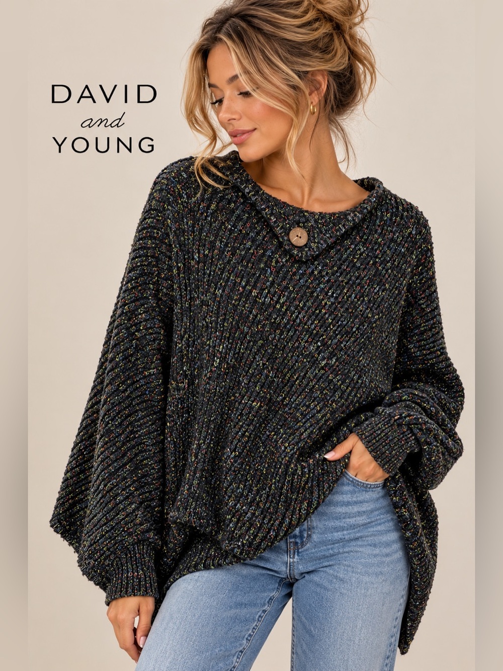 David and Young Knit Poncho Sweater Multicolor Speckle One Size